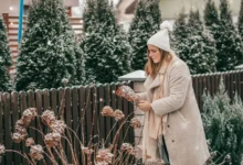 žena na zahradě u zmrzlé rostliny