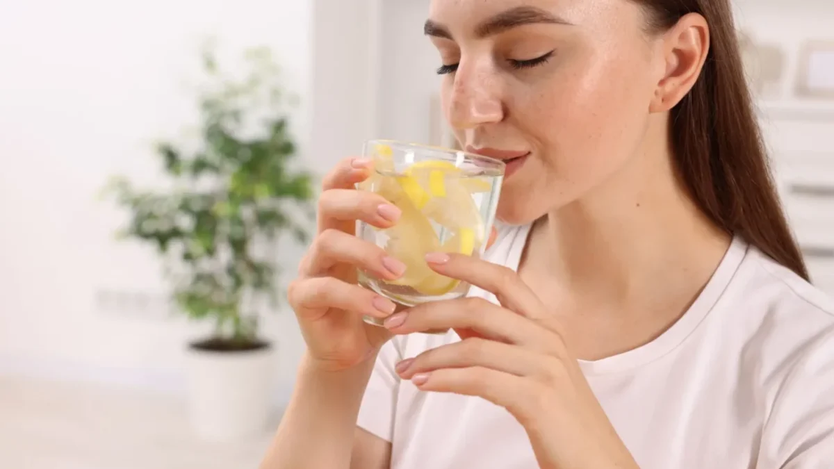 žena pije vodu s citronem