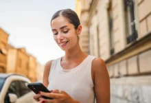 Mladá žena se usmívá na ulici do telefonu.
