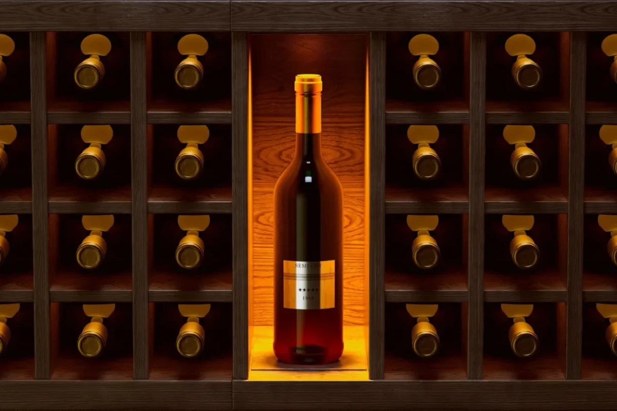 Láhev vína uprostřed sbírky v rustikálním sklepě.