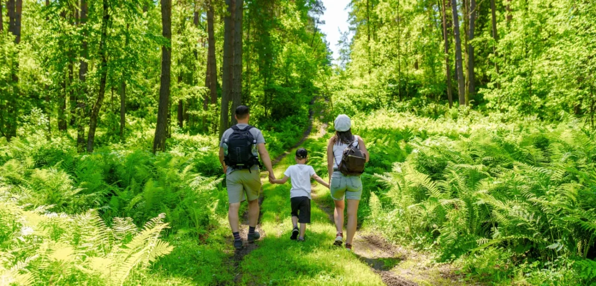Rodina, která jde lesní stezkou.