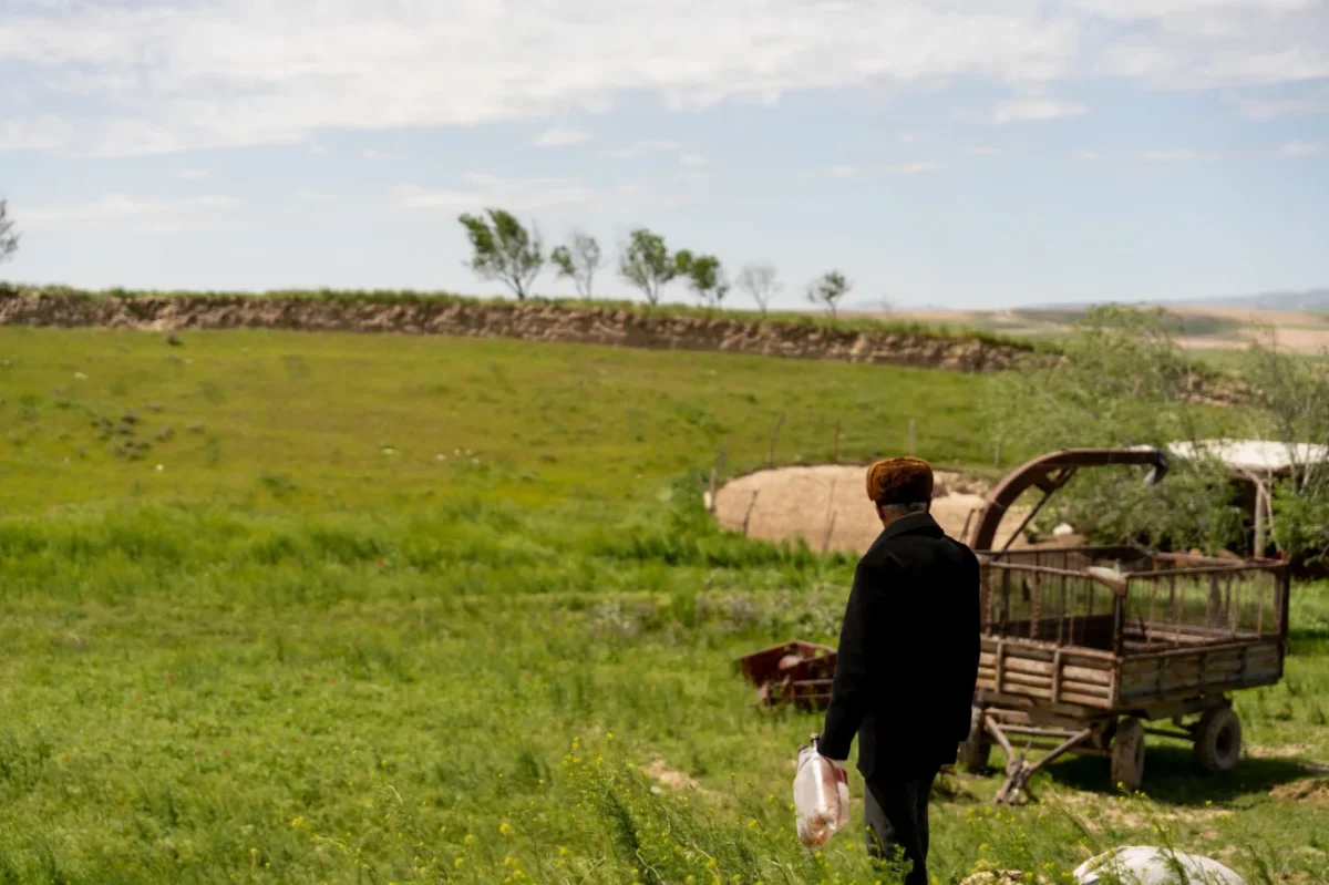 Starý muž stojí na louce.