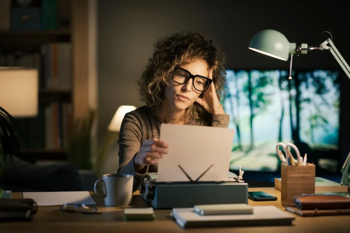 Žena, která píše na psacím stroji.