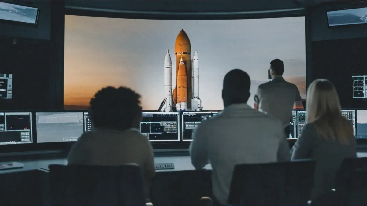 Vývojáři u počítačů a s plátnem s raketou.