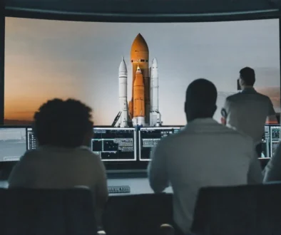 Vývojáři u počítačů a s plátnem s raketou.