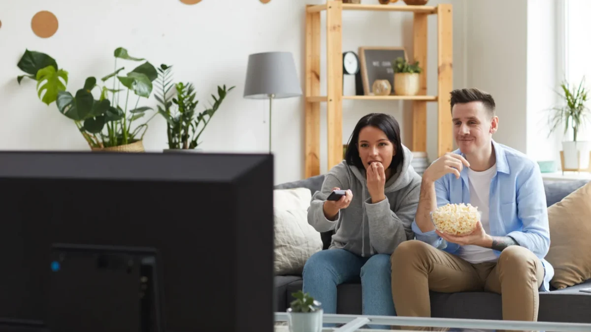 Lidé sledují napínavý film v televizi.
