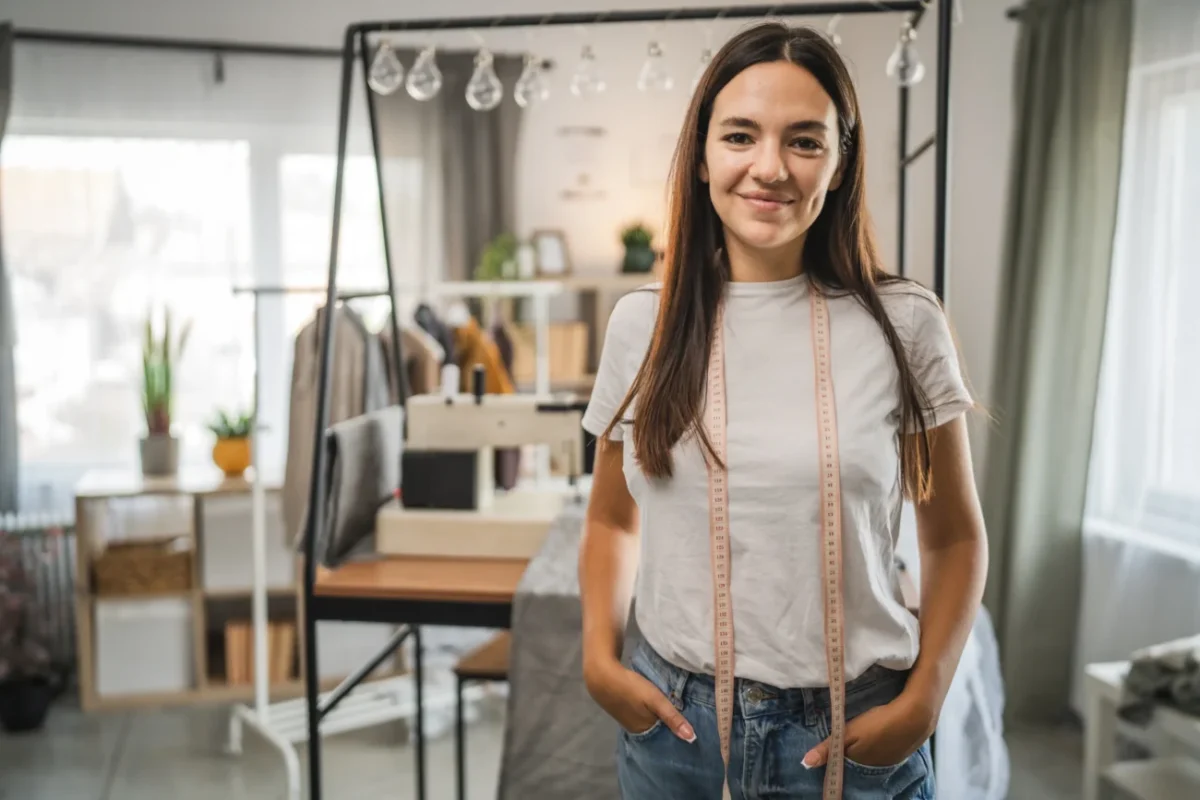 Žena se usmívá a kolem krku jí visí metr.