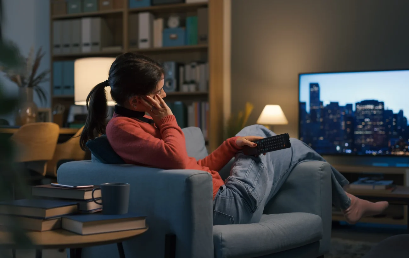 Ne vždy jsou pořady staženy jen kvůli nízké sledovanosti. Zdroj: Shutterstock | TVGURU.cz Žena dívající se večer na televizi.