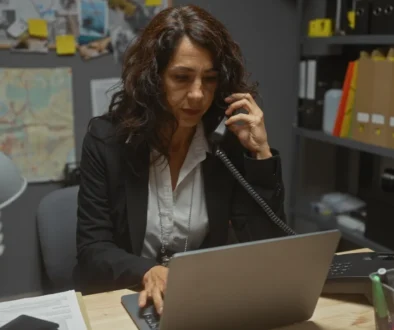 Žena jako detektiv něco vyhledává na notebooku.
