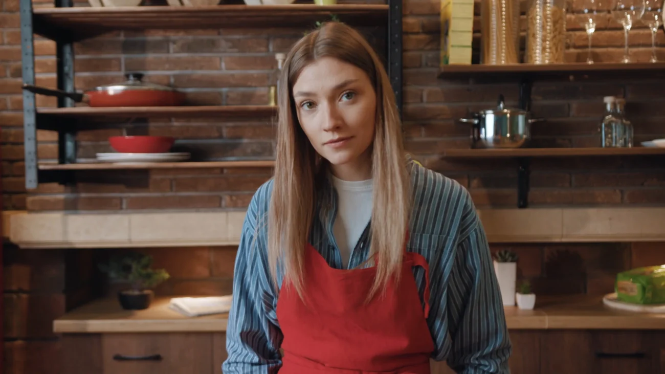 shutterstock_1632260203 | TVGURU.cz Žena stojí v kuchyni a kouká do foťáku.