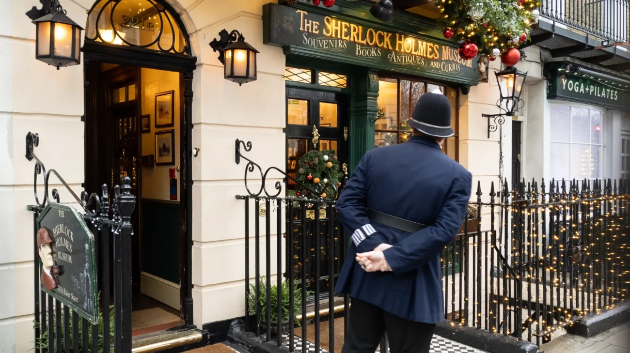 shutterstock_2566774861-2 | TVGURU.cz Muž stojící před podnikem Sherlock Holmes.