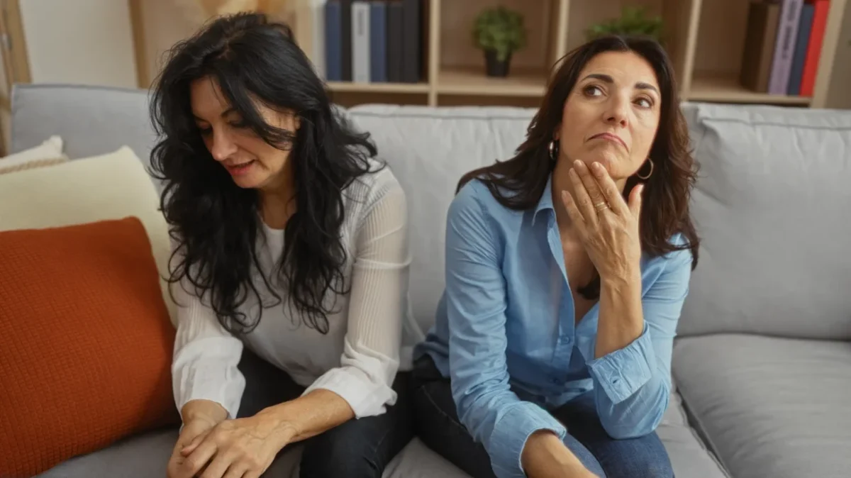 Dvě ženy sedící na gauči.