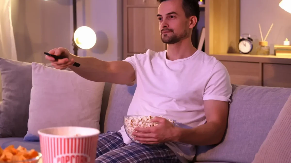 muž s popcornem z gauče sleduje televizi