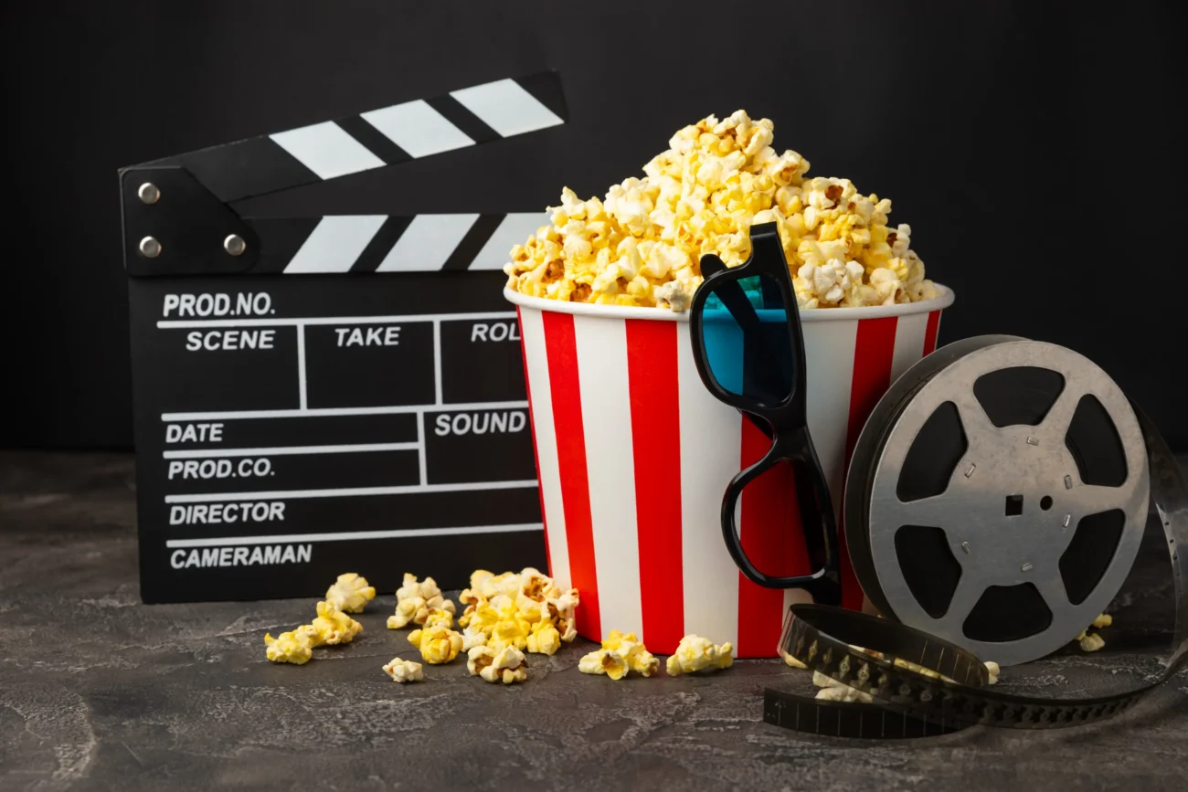 Filmová klapka, kyblík s popcornem, 3D brýle a kotouč s filmem. 