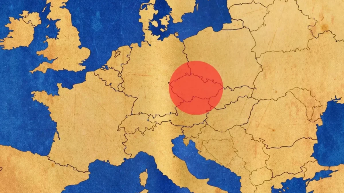 červená tečka na České republice v mapě Evropy