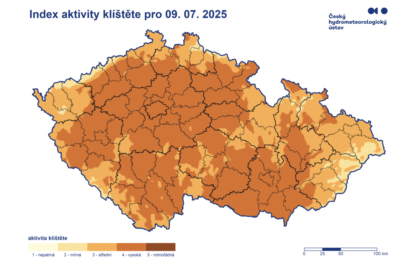 Snímek obrazovky 2025-07-07 v 83721 | TVGURU.cz Index aktivity klíšťat 9.7.2025 mapa