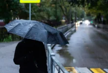 Žena kráčí s deštníkem po silnici.