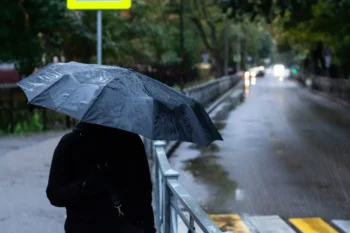 Žena kráčí s deštníkem po silnici.