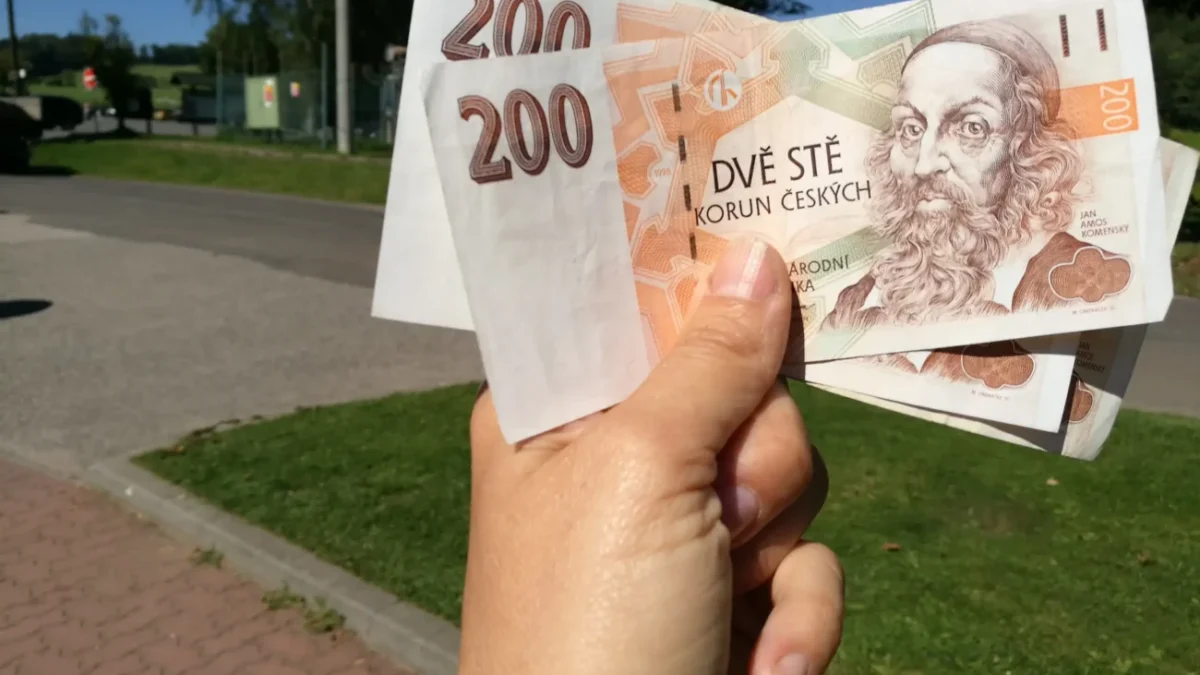 Člověk v ruce drží české bankovky.