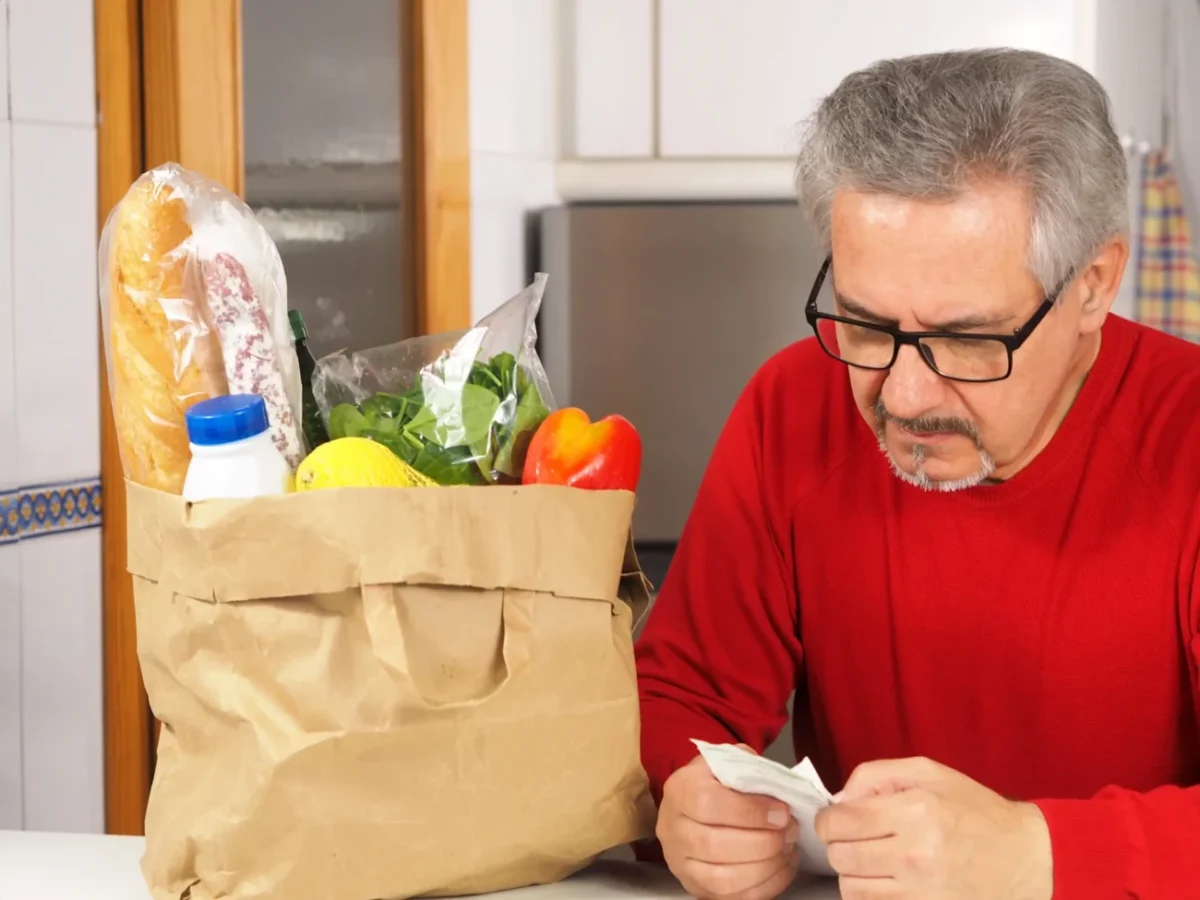 Muž počítající peníze za nákup.