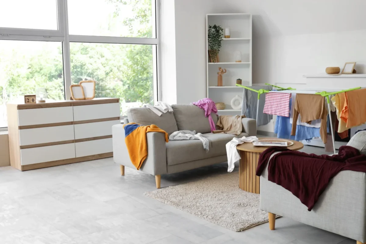 Obývák se špinavým a čistým prádlem.