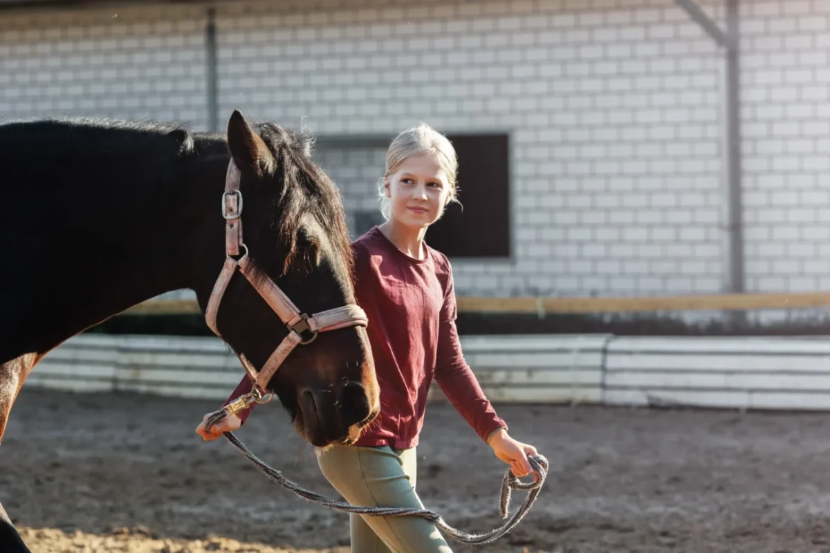 Dívka vede koně.