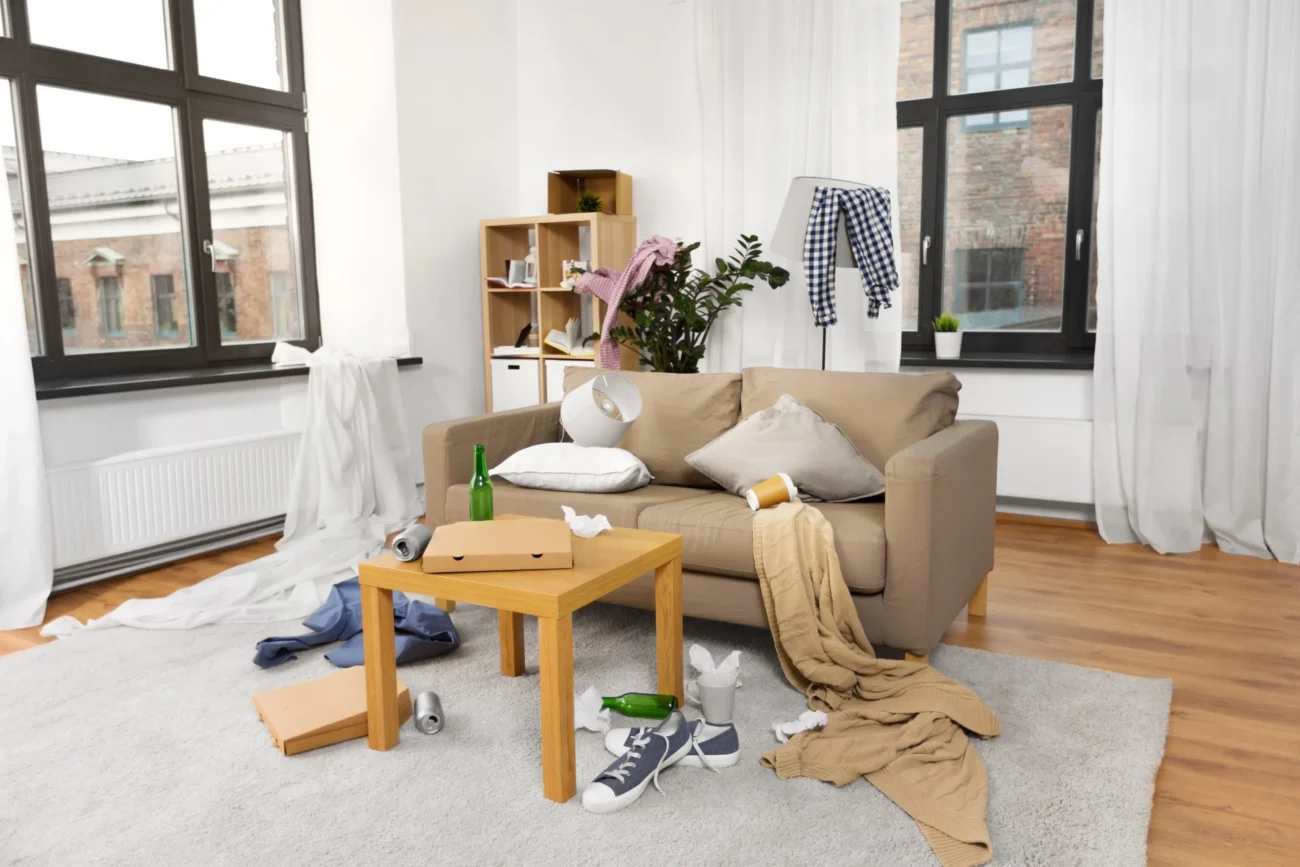 Chaos a nepořádek mohou vést k naší duševní nepohodě. Zdroj: Shutterstock | TVGURU.cz Nepořádek v obýváku.