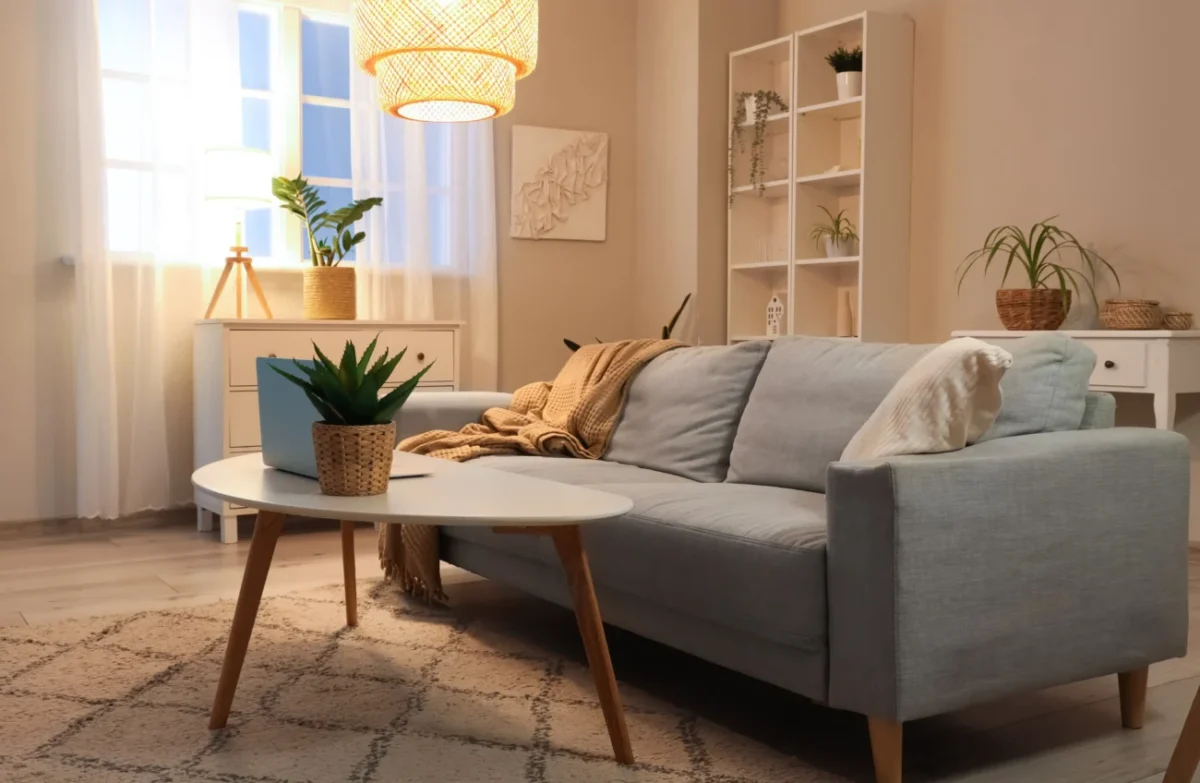 Obývací pokoj s šedivou pohovkou.