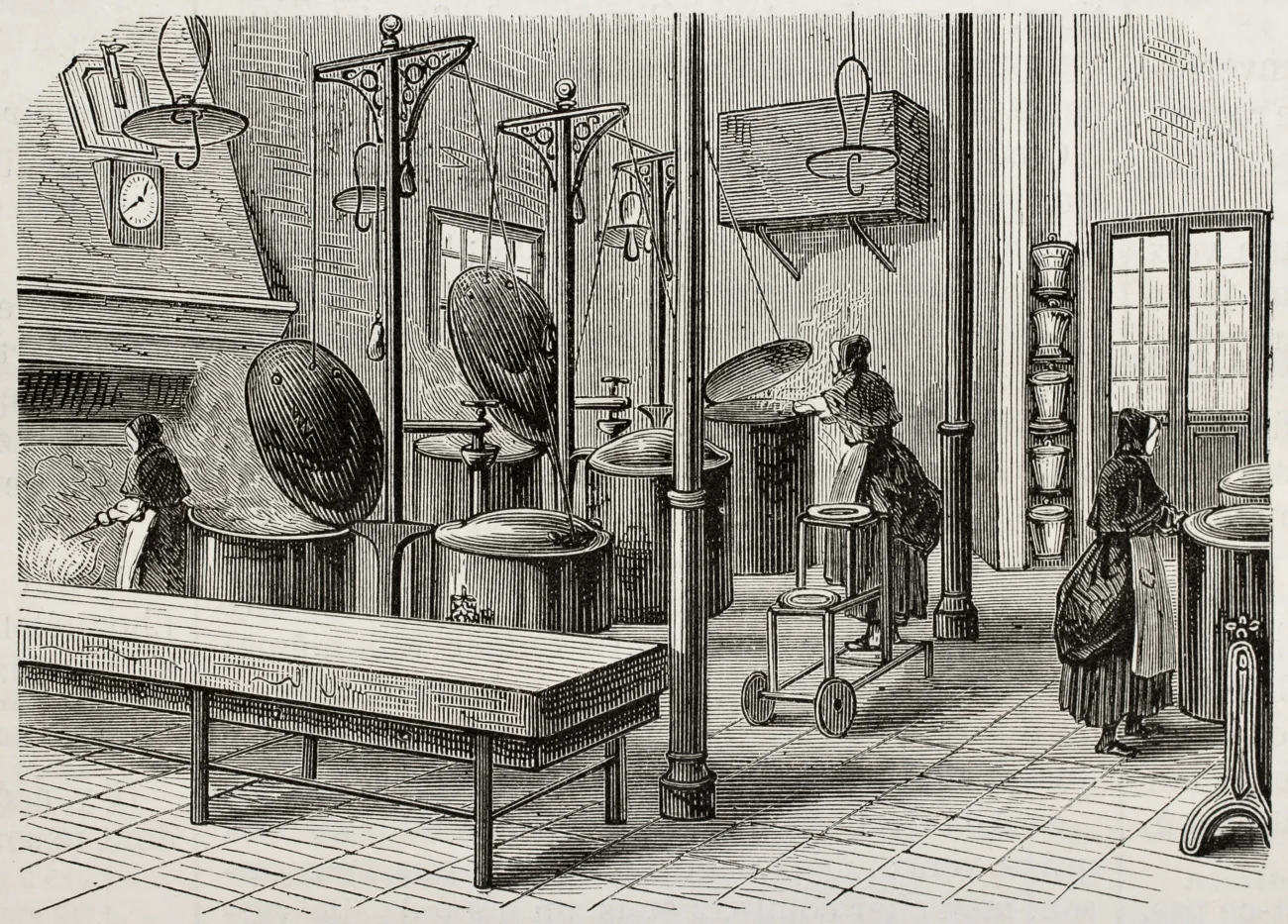 Dobová ilustrace kuchyně v psychiatrické léčebně svaté Anny. Původní dílo, které vytvořil Gaildrau, bylo publikováno v časopise L'Illustration, Journal Universel, Paříž, 1868. Zřejmě perokresba. Ženy připravují jídlo.