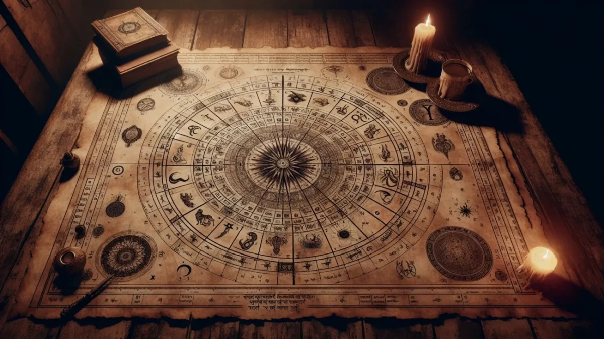 Stůl s astrologickými kartami a svíčkami.