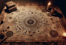 Stůl s astrologickými kartami a svíčkami.