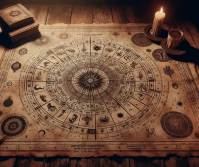 Stůl s astrologickými kartami a svíčkami.