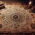 Stůl s astrologickými kartami a svíčkami.