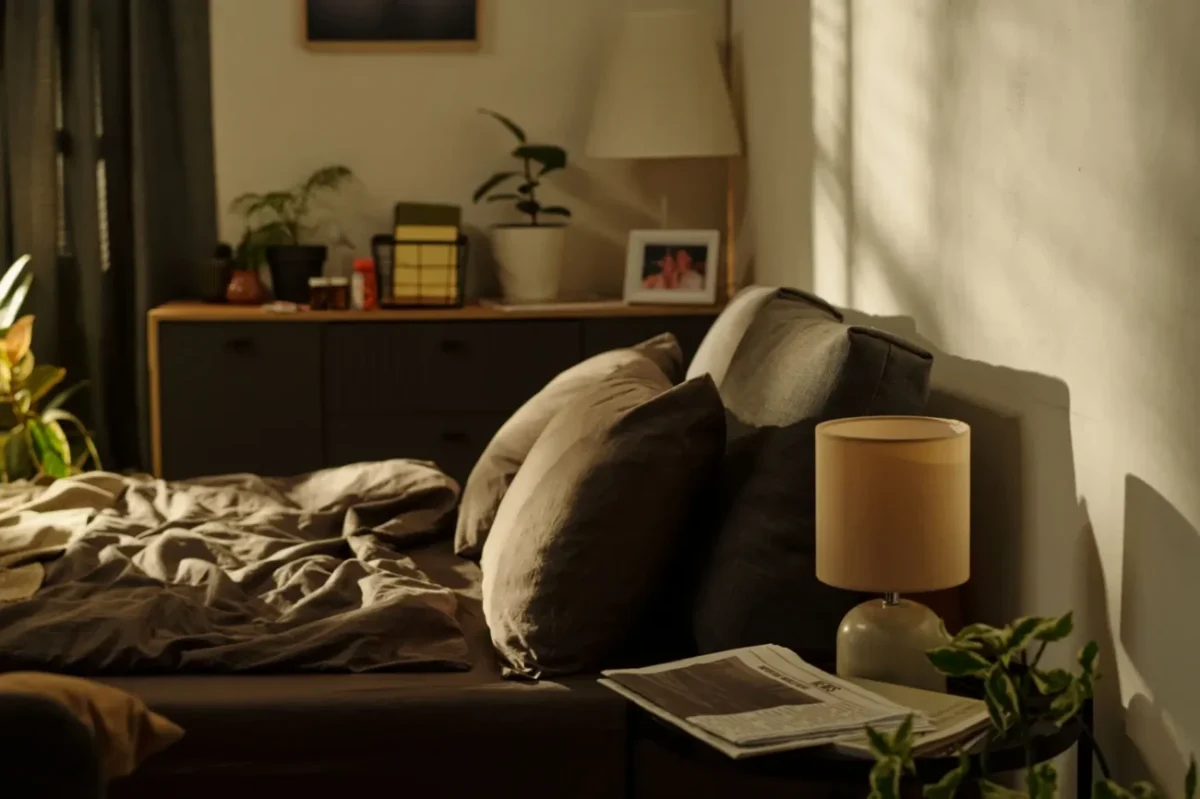 postel v ložnici zalité ranním sluncem