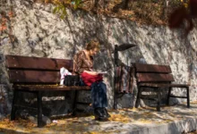 Babička sedí na lavičce a lušti křížovku.