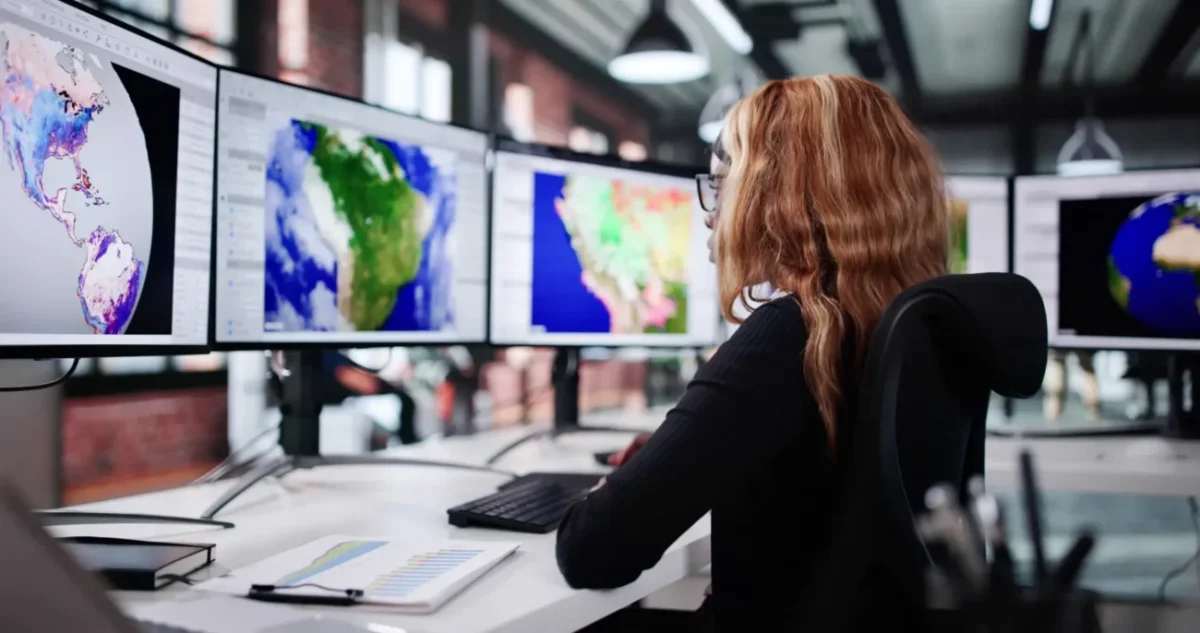 Žena sedí u počítače a dává dokupy předpověď počasí.