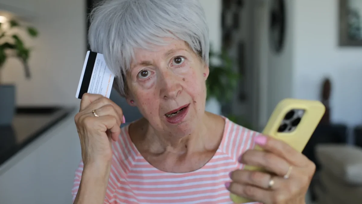 Starší žena v ruce drží telefon a platební kartu.