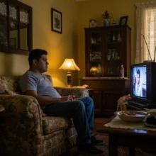 Muž dívající se na televizi.