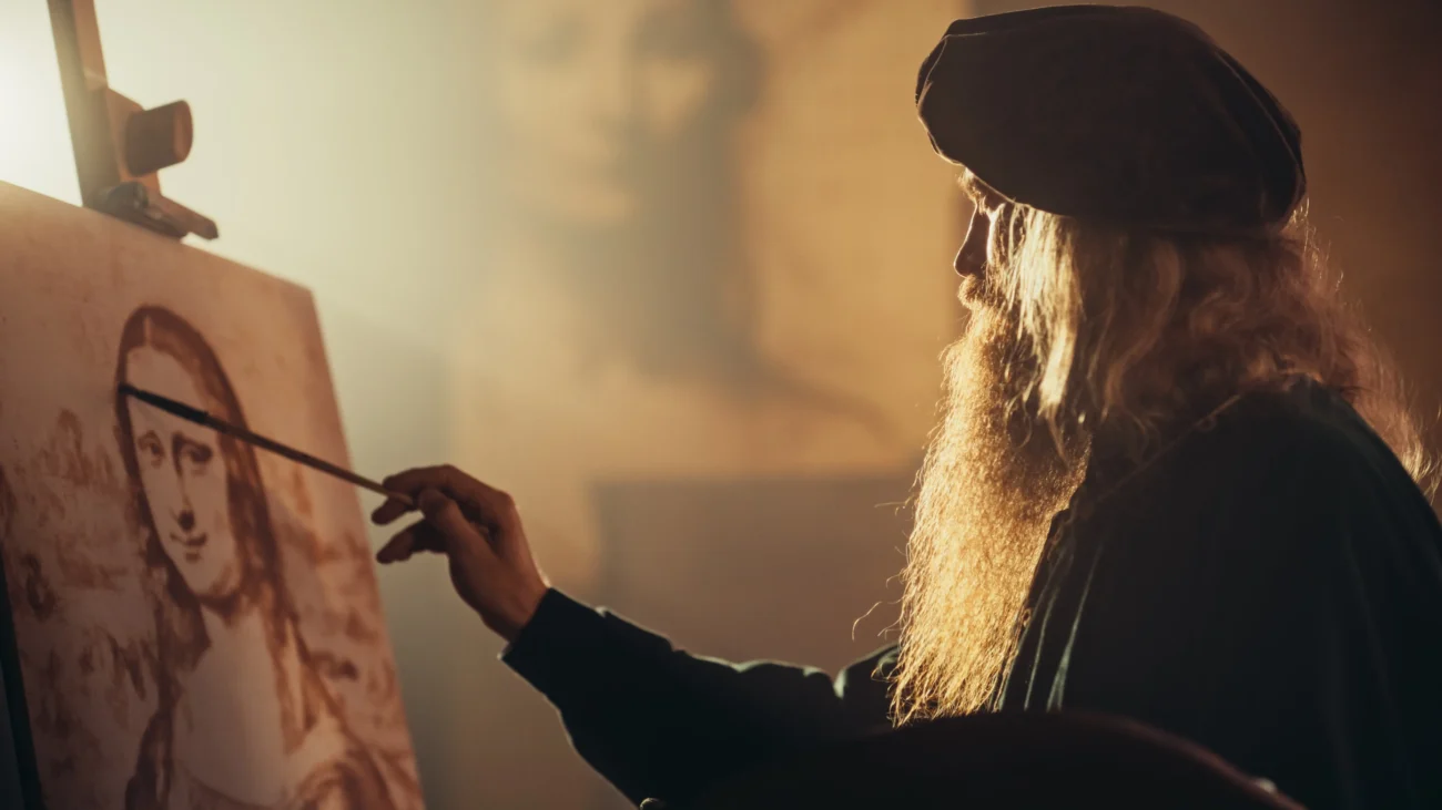 Leonardo da Vinci malující Monu Lisu. 