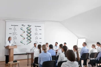 vědecká přednáška o DNA (viz informace na tabuli); profesor se skupinou studentů ve třídě
