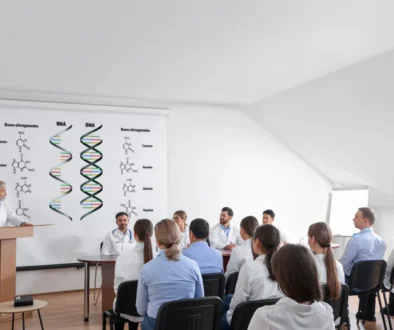 vědecká přednáška o DNA (viz informace na tabuli); profesor se skupinou studentů ve třídě