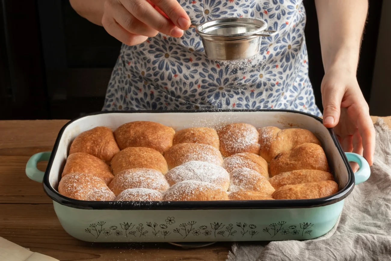 Honzovy buchty jsou tradičním českým moučníkem. Zdroj: Shutterstock | TVGURU.cz Ruka ženy cukrující buchty.
