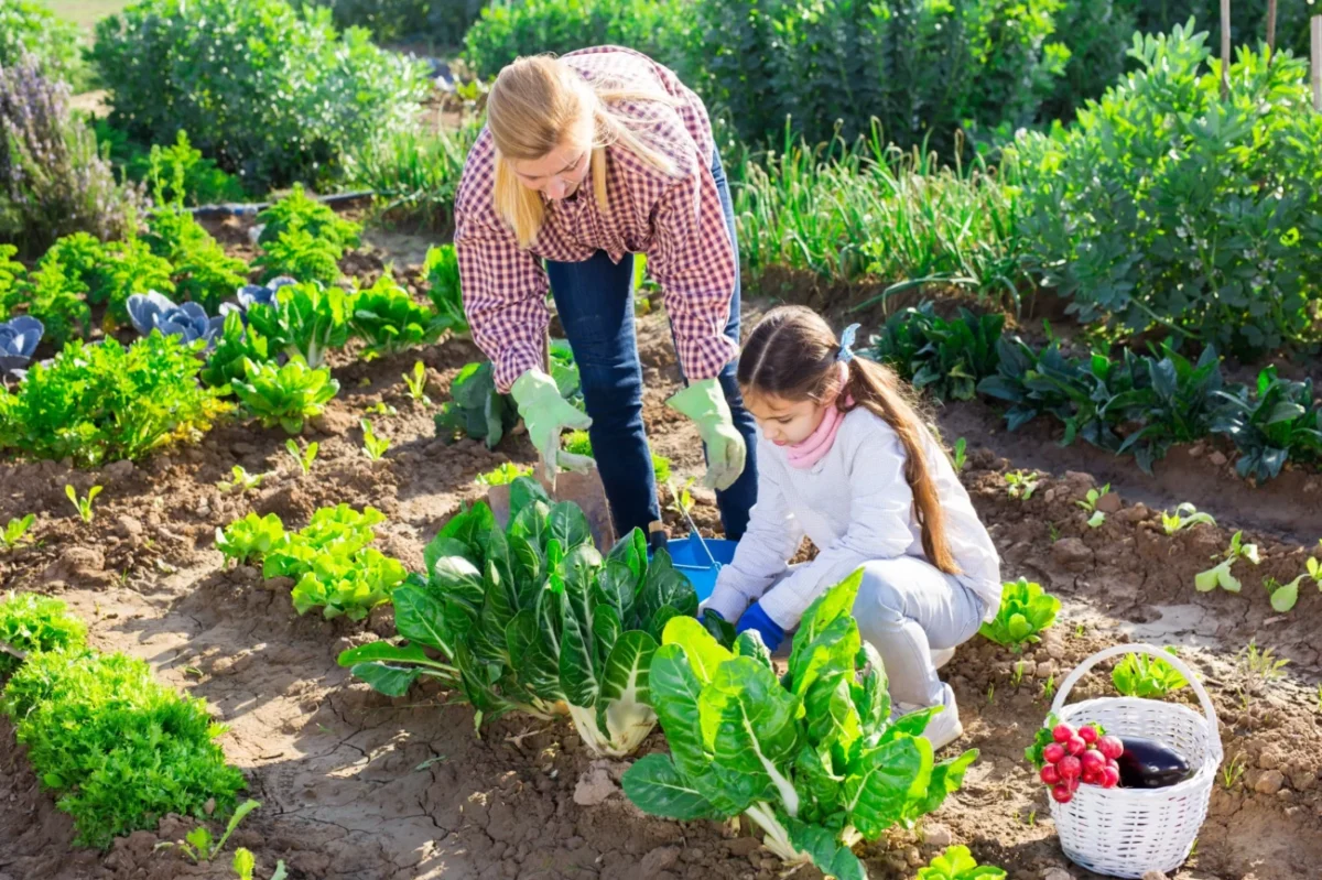 Matka s dcerou na zahrádce.