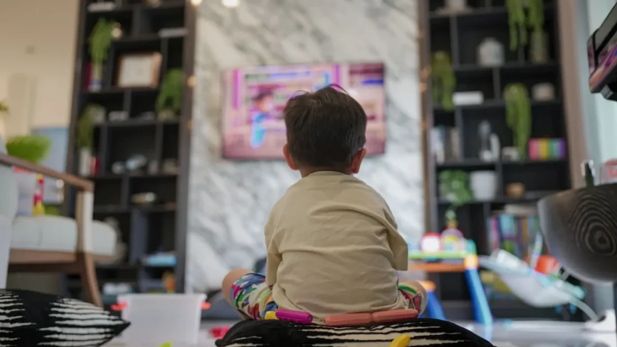 dítě se dívá na pohádku v televizi