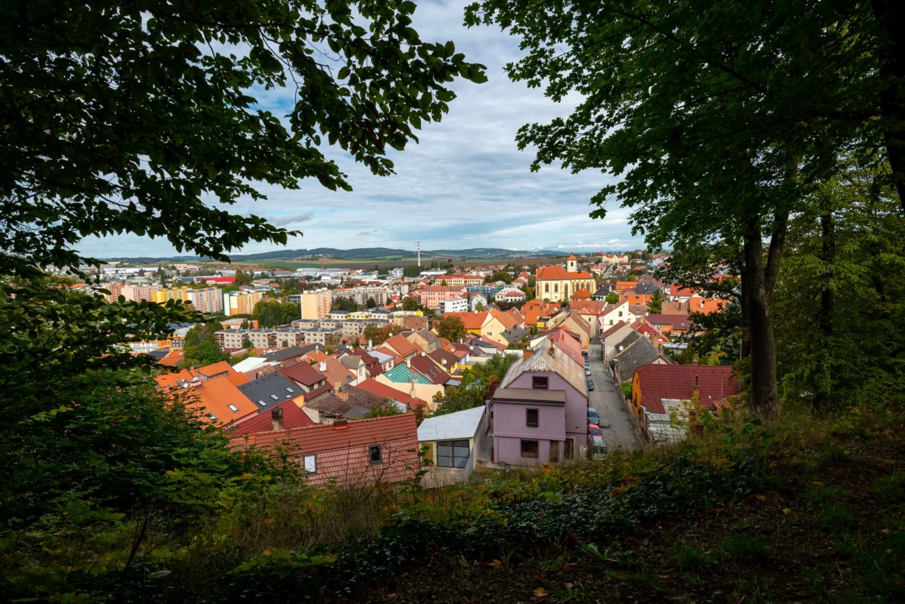 Pohled skrze stromy na Boskovice