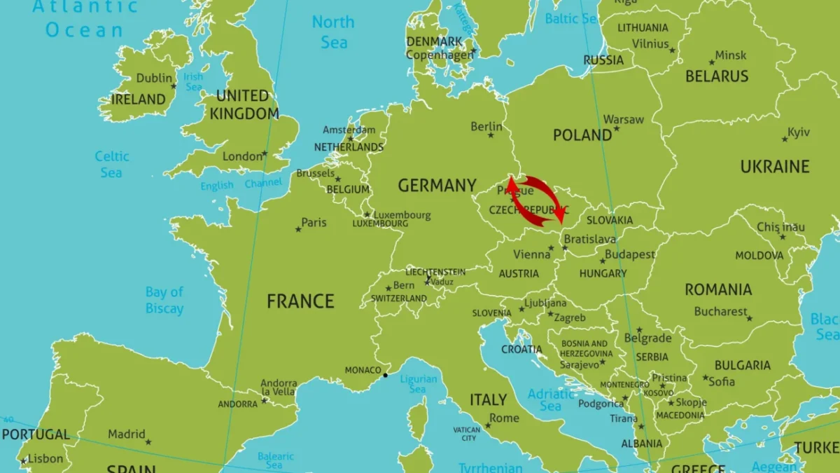 mapa evropy se zvýrazněním české republiky