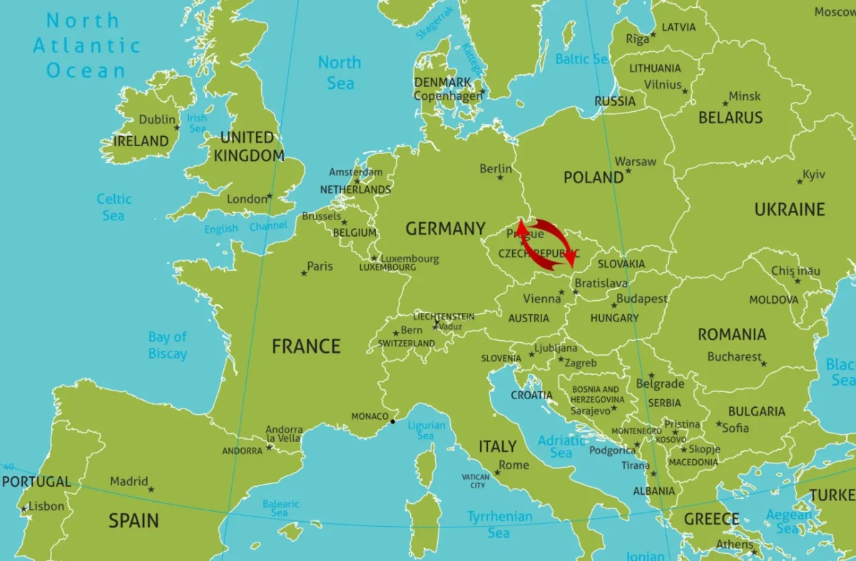 mapa evropy se zvýrazněním české republiky