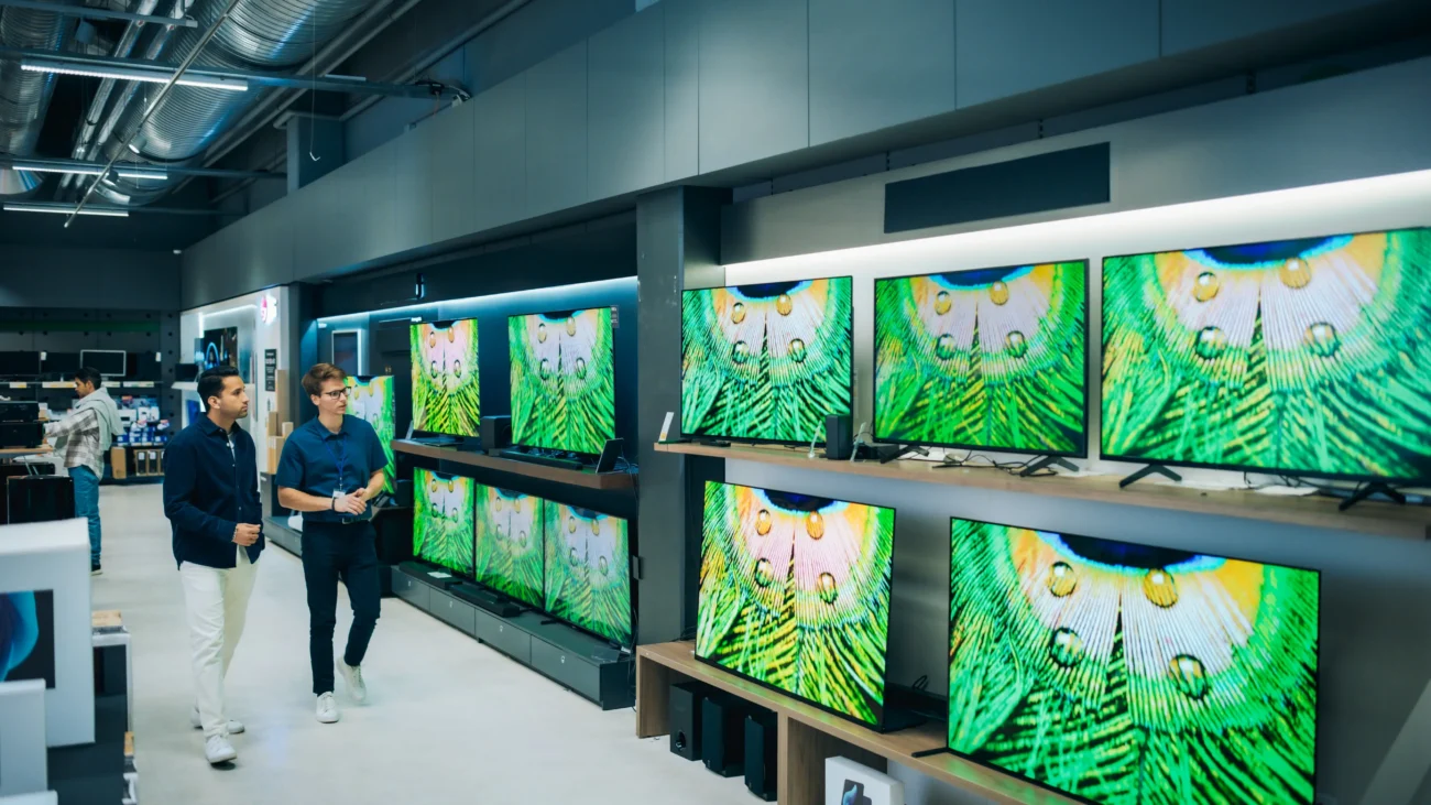 Při výběru televize vám poradí zkušení odborníci. Zdroj: Shutterstock | TVGURU.cz Muž vybírající si televizi.
