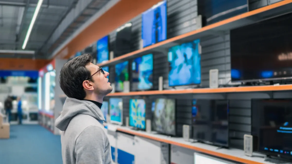 Muž vybírající si televizi.