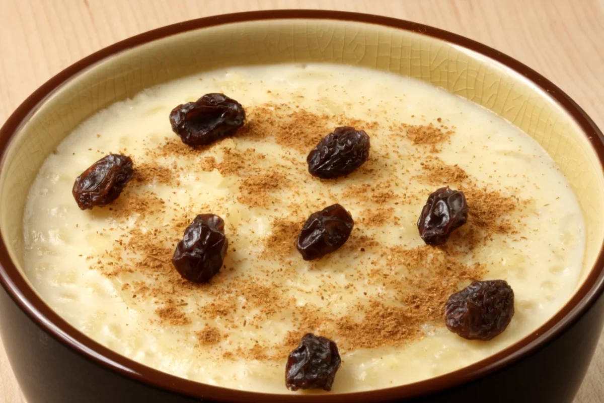 rýžová kaše se skořicí a rozinkami v hnědé misce - velký detail